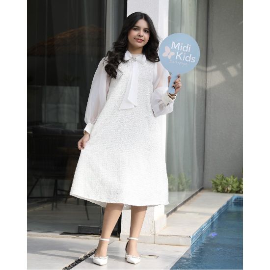 صورة فستان بناتي فاخر بفيونكة رقبة ذيلية وأكمام شفافة - M3805